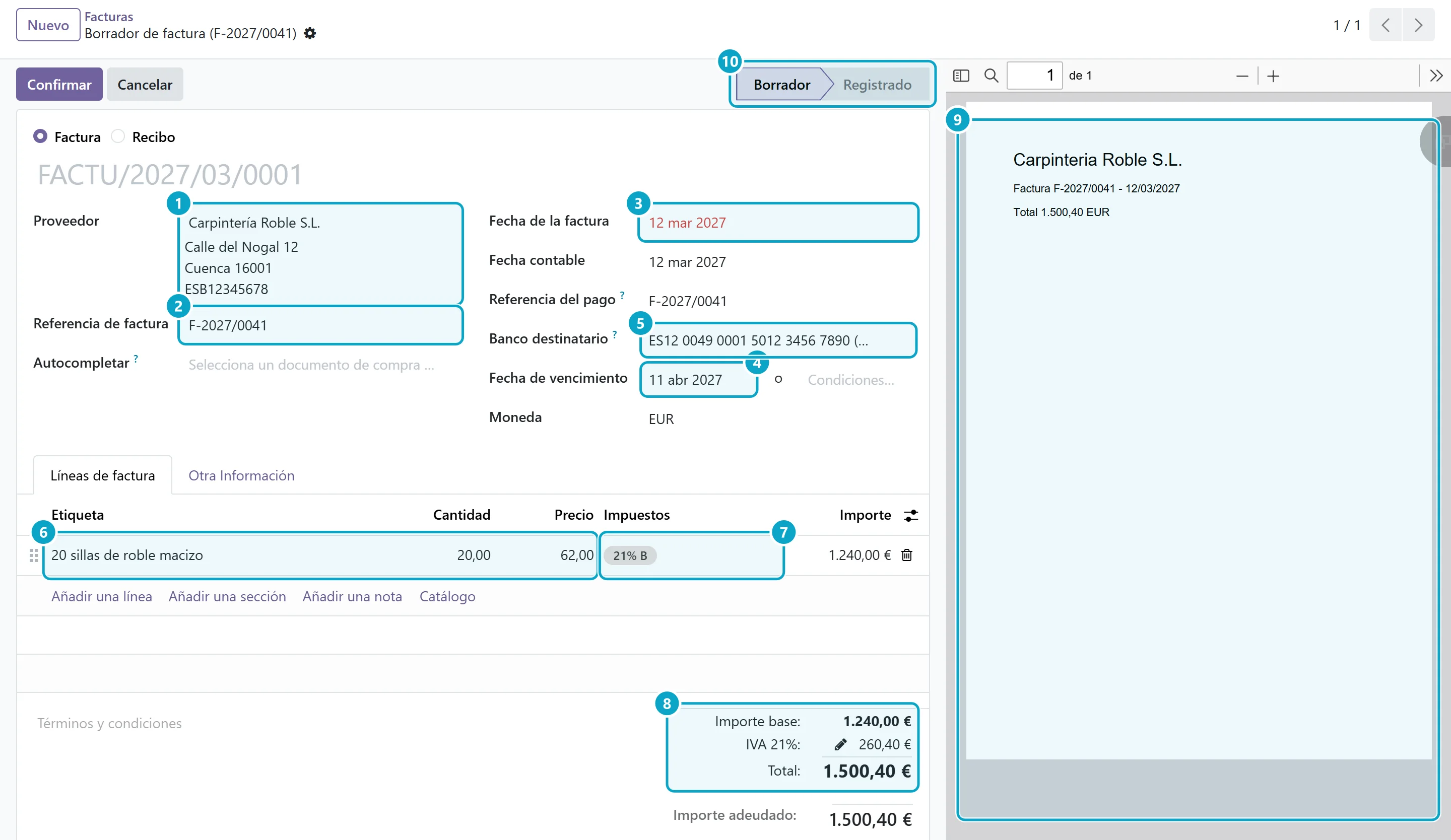 Formulario de factura de proveedor de Odoo 19 con los campos rellenados por Contextual Docs señalados con números: Proveedor, Referencia de factura, Fecha de la factura, Fecha de vencimiento, Banco destinatario, Líneas de factura, Impuestos, totales, documento adjunto y estado Borrador