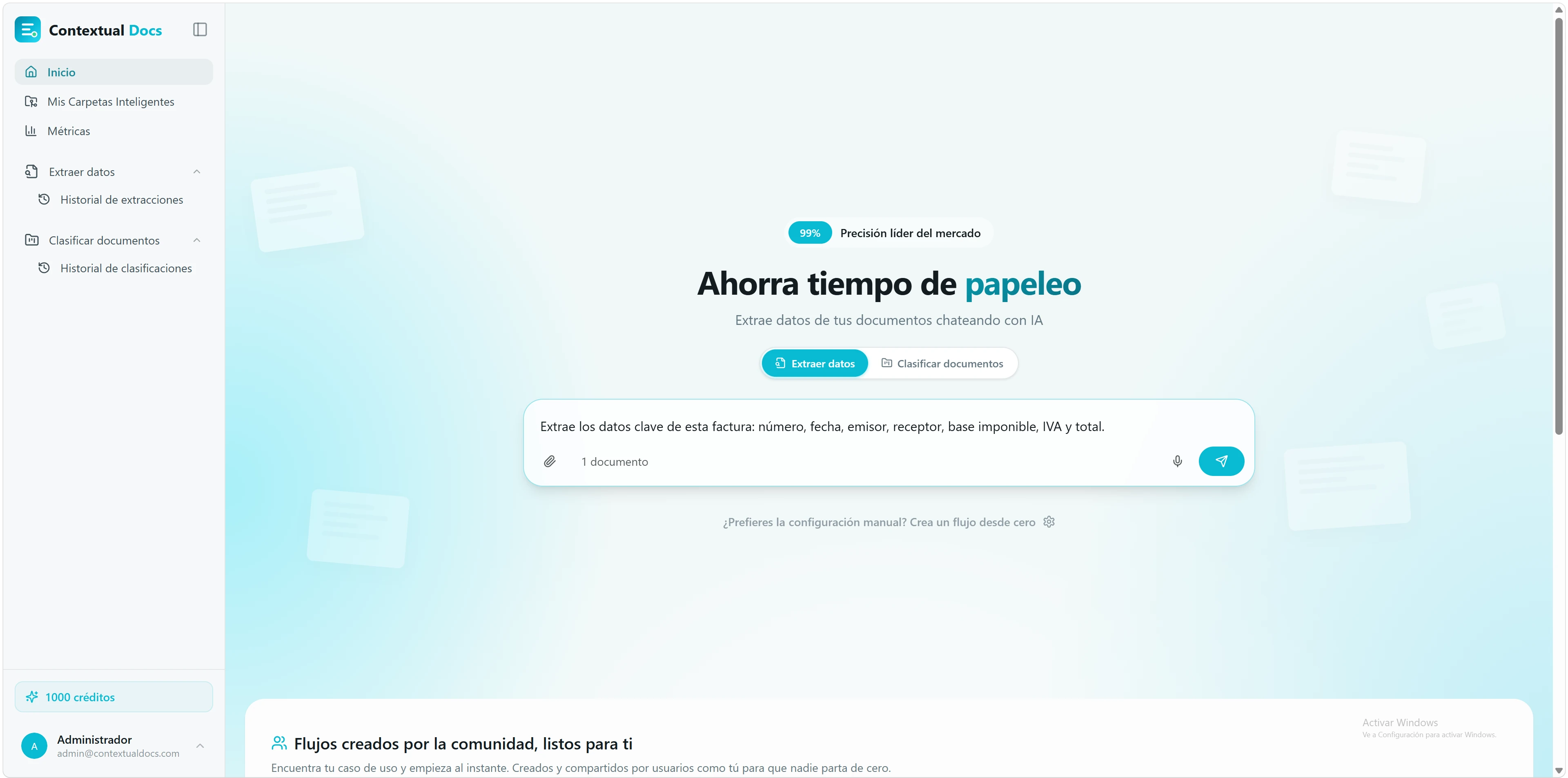 Pantalla de inicio de Contextual Docs con el campo de chat para subir documentos