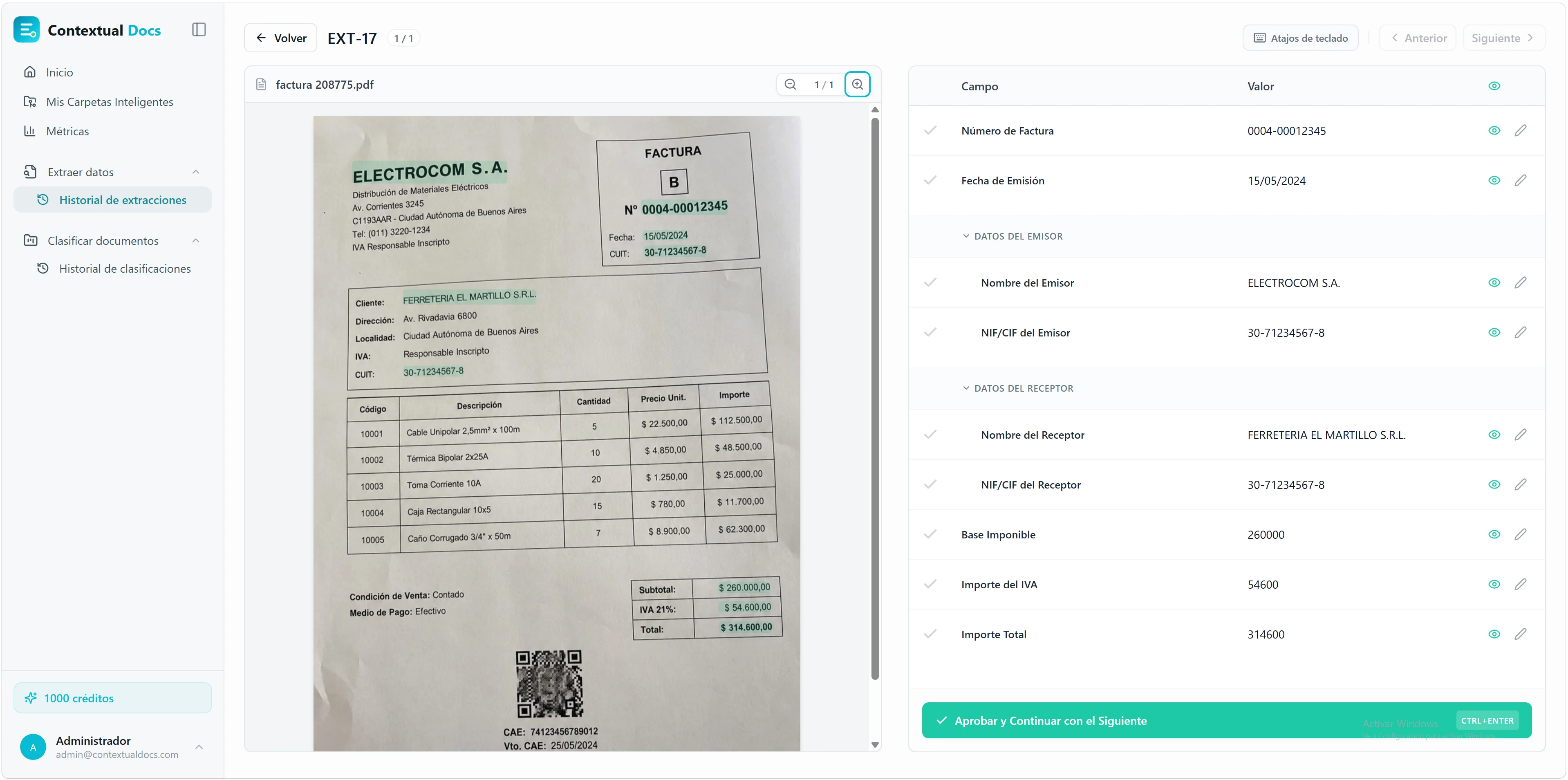 Pantalla de revisión humana con vista lado a lado de la factura PDF y los siete campos extraídos