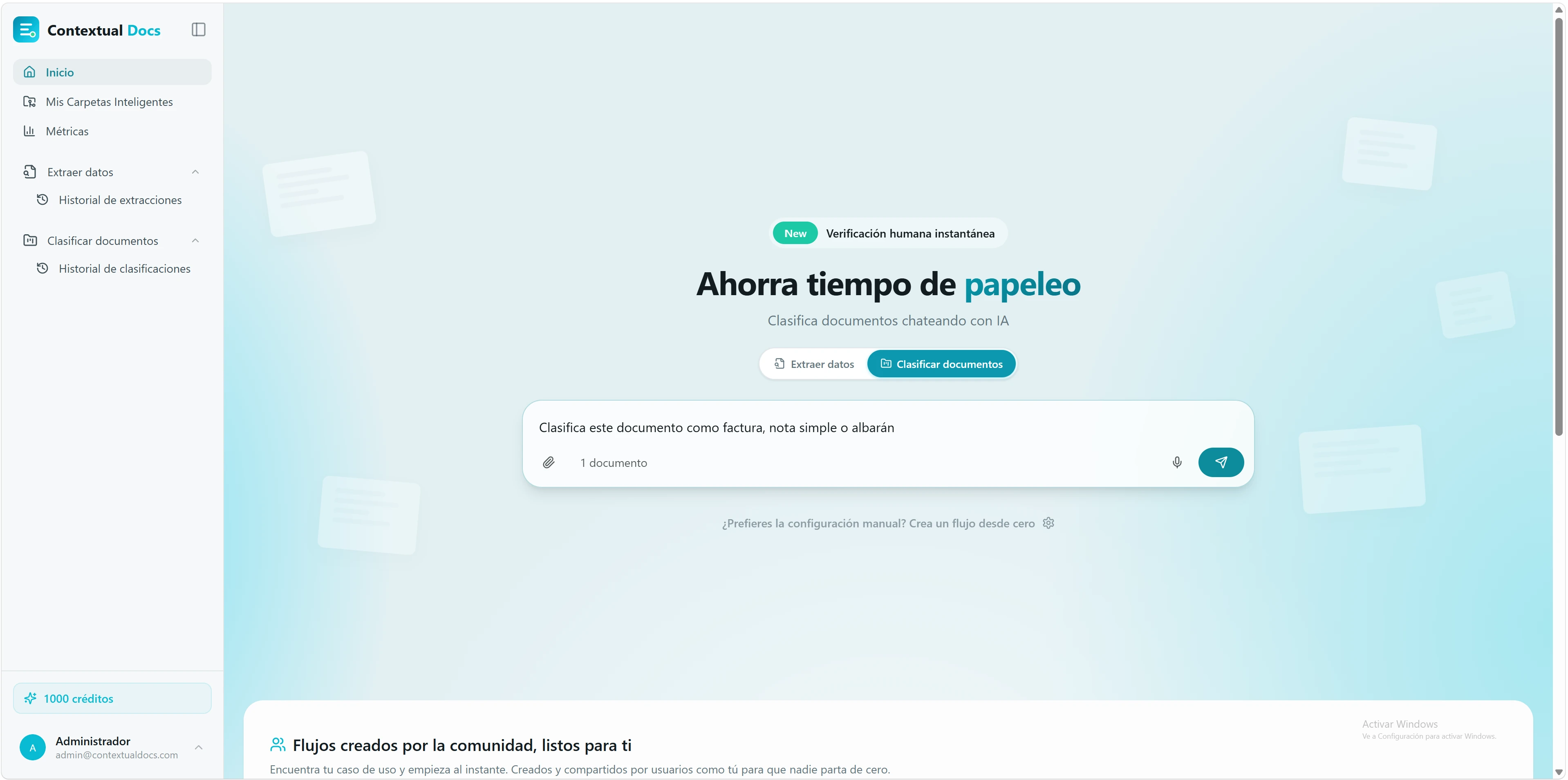 Página de inicio de Contextual Docs con la pestaña «Clasificar documentos» activa y el campo de chat para describir la clasificación