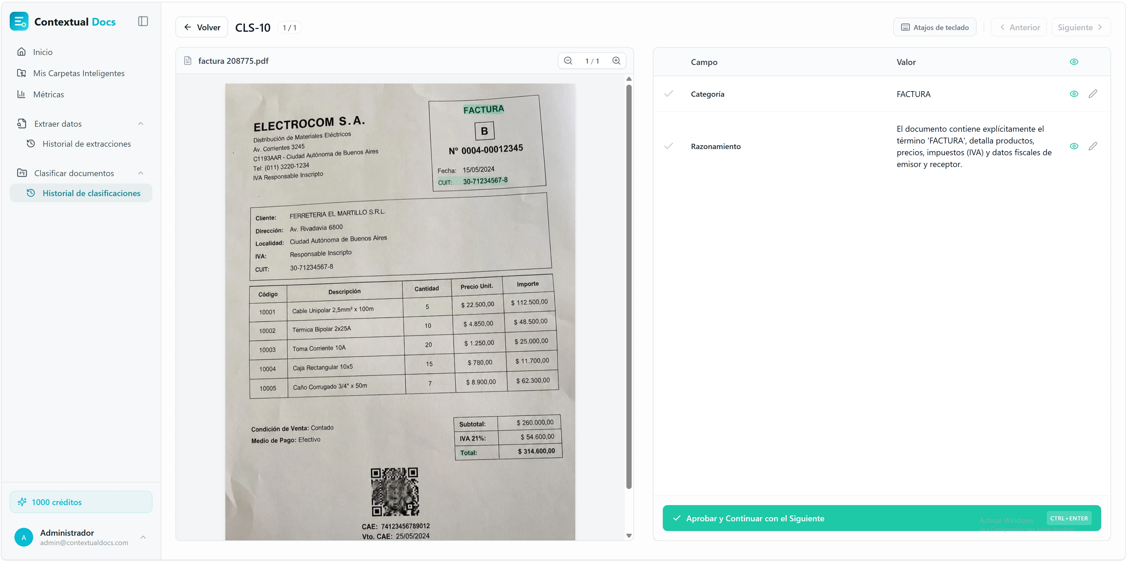 Pantalla de revisión en modo clasificación: documento a la izquierda y la categoría asignada por la IA a la derecha