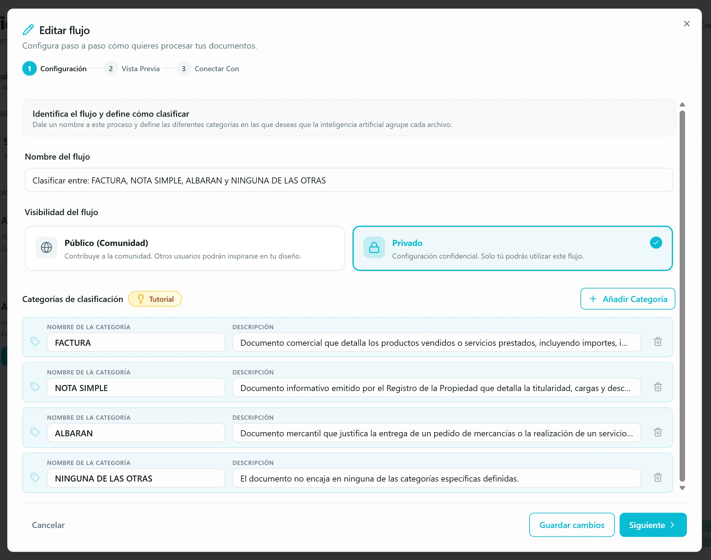 Modal Configurar en modo clasificación mostrando «Categorías de clasificación» en lugar de «Datos a extraer», con cada categoría definida solo por nombre y descripción