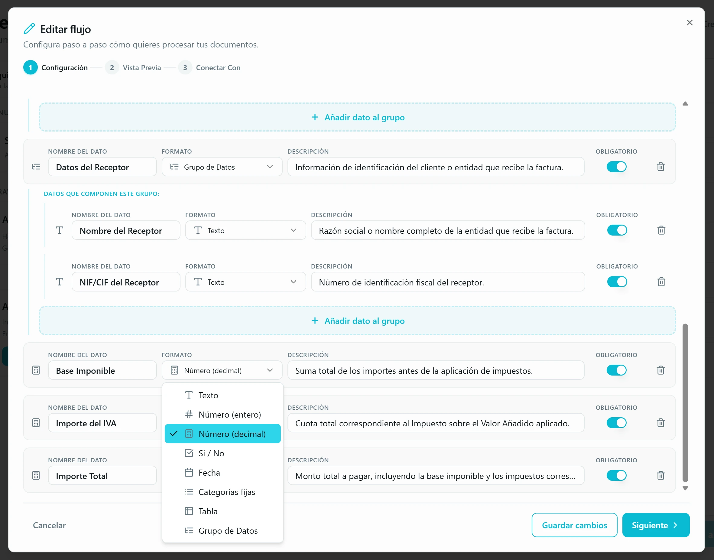 Detalle de un campo configurado como «Tabla» o «Grupo de Datos» en el modal Configurar, mostrando los sub-campos anidados y el dropdown de tipos de formato disponibles