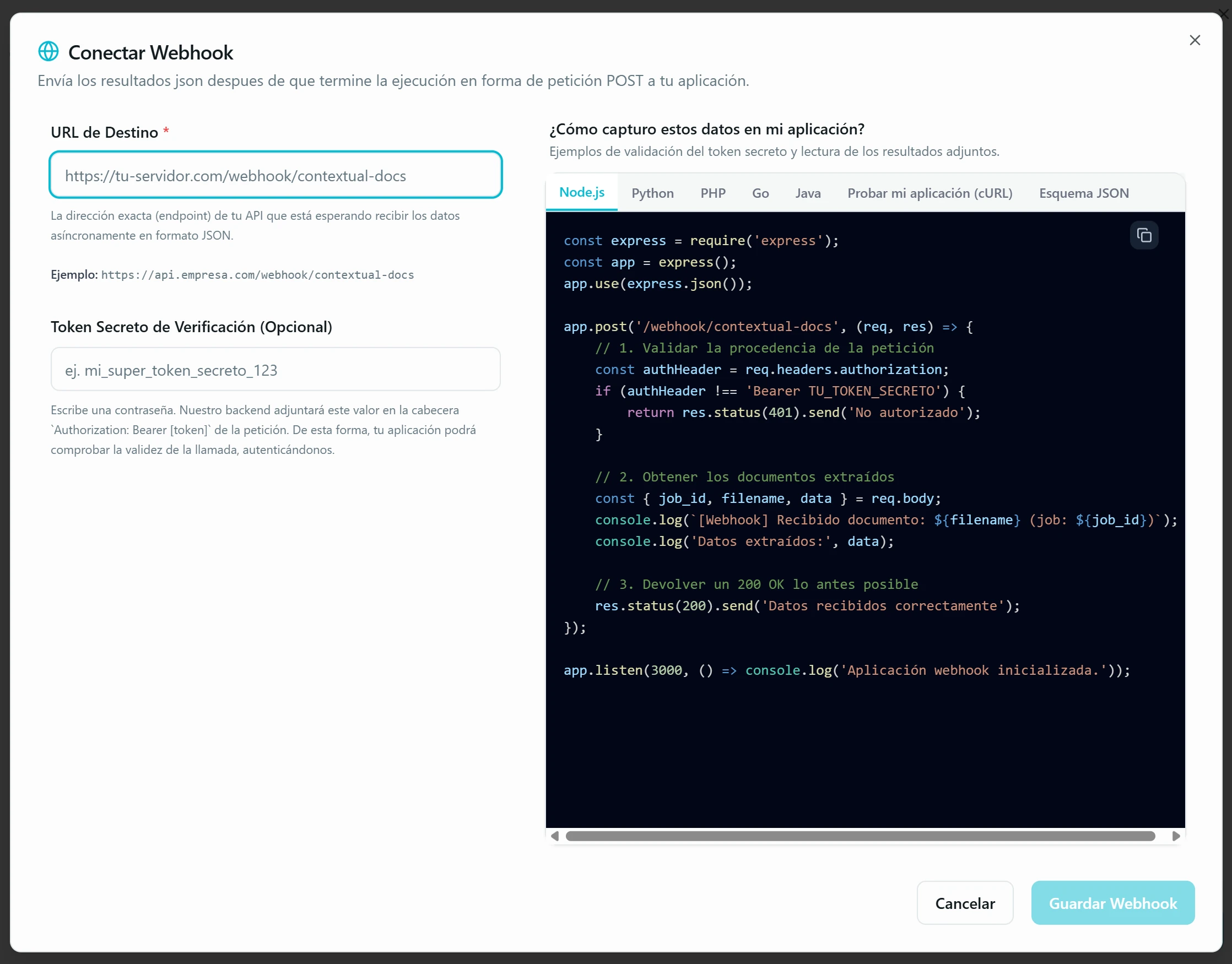 Modal del Webhook con los tabs de lenguajes disponibles (Node.js, Python, PHP, Go, Java, cURL y Esquema JSON) y un snippet de código de ejemplo con el header Authorization Bearer