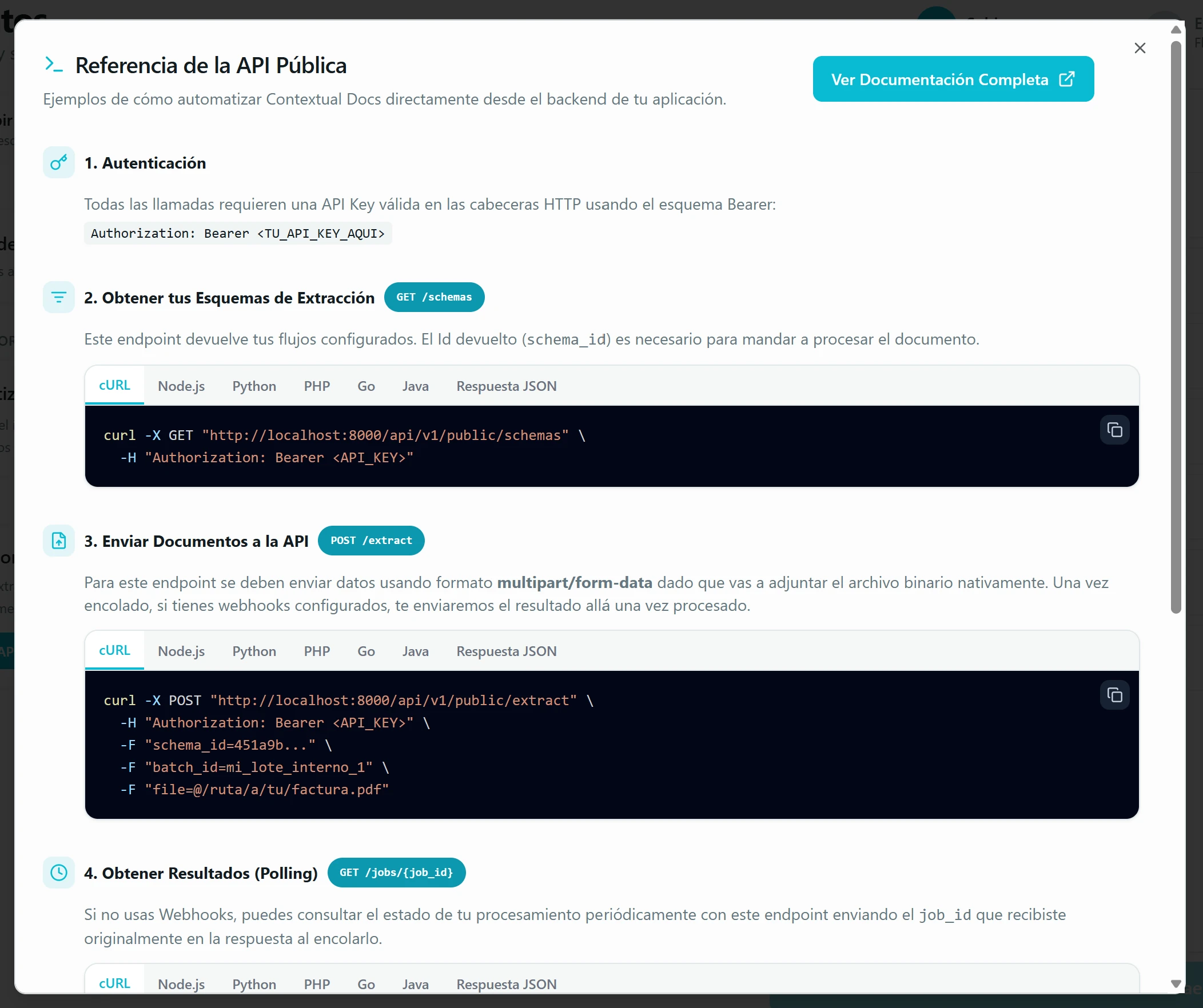 Modal Referencia de la API Pública mostrando el endpoint POST /extract con el snippet de cURL y el header Authorization Bearer, junto a los demás endpoints (GET /schemas, GET /jobs, GET /me, GET /health)