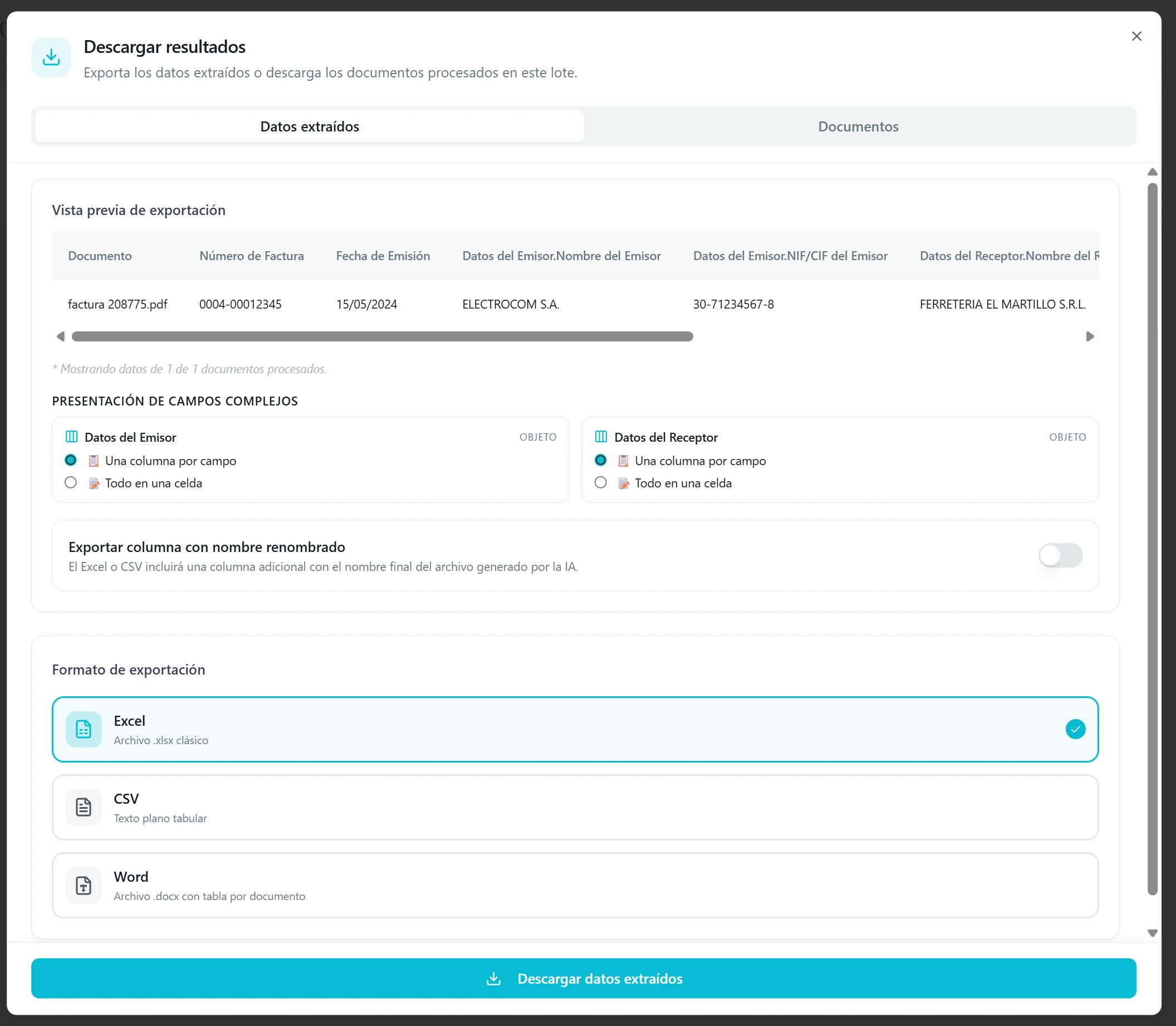 Modal «Descargar resultados» abierto en la pestaña Datos, mostrando el selector de formato (Excel, CSV, Word), las opciones de separador para CSV y el toggle de columna de renombrado