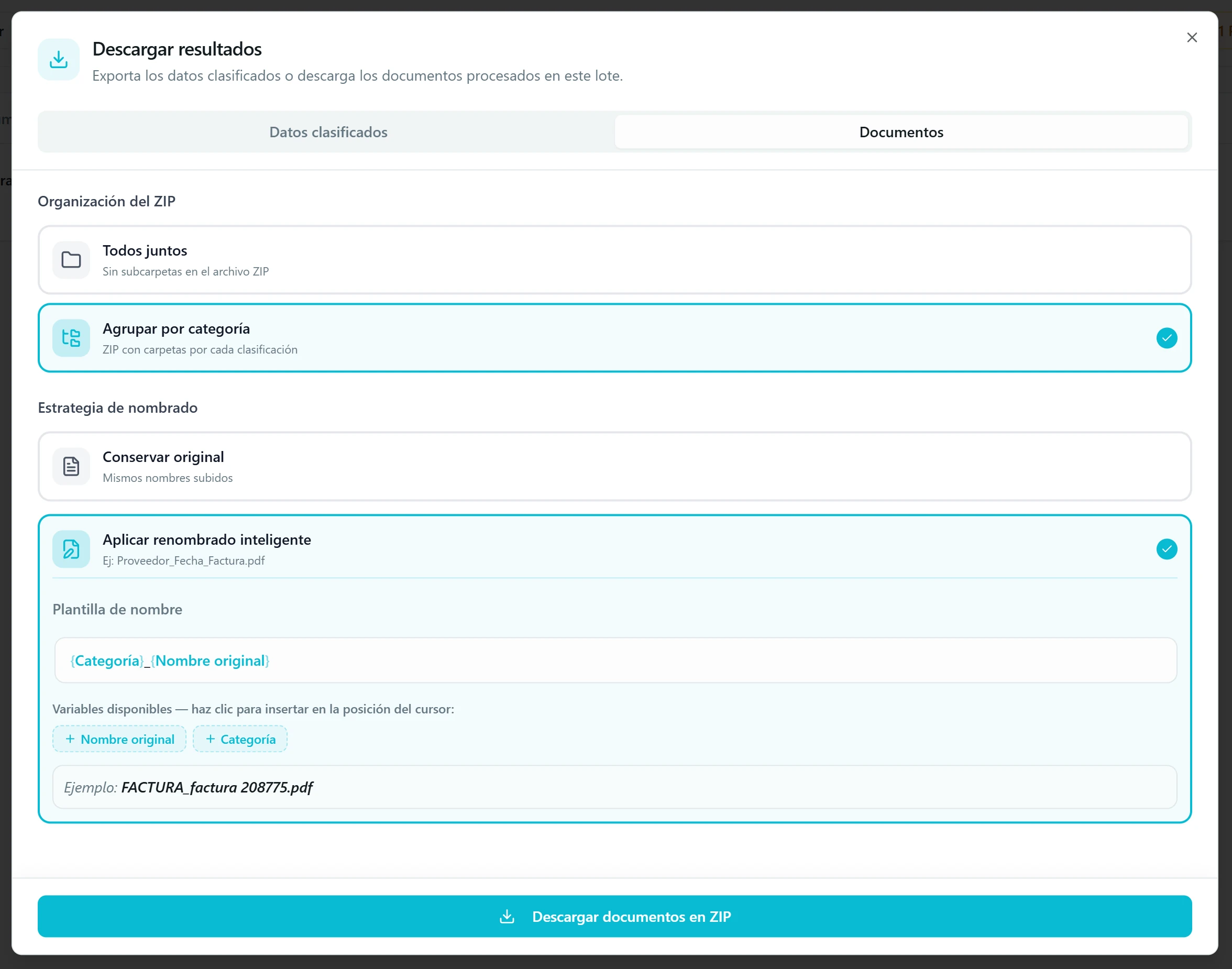 Modal «Descargar resultados» abierto en la pestaña Documentos, mostrando las opciones de naming (original/renombrado) y agrupación del ZIP (plano/por categorías) cuando es un flujo de clasificación